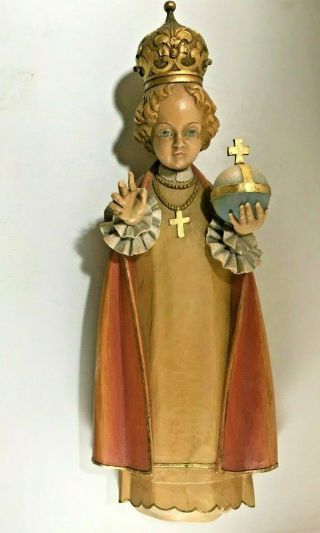Religious Infant Of Prague Hand Carved Wood Statue / Plaque - Italy 1950 