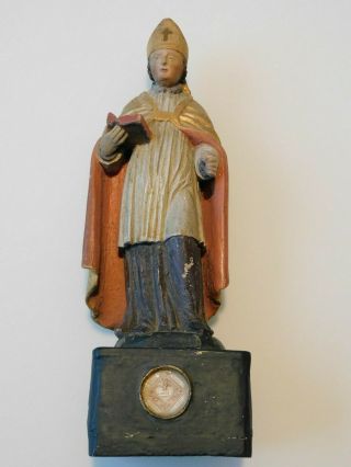Antique Wood Carved Polychrome Statue W Relic St.  Martin Bishop Of Tours