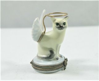 Limoges France La Gloriette Angel Kitty Cat W/ Halo Porcelain Trinket Box