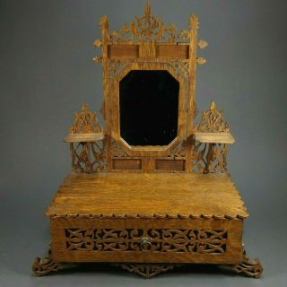 Primitive Folk Tramp Art Ornate Wooden Cabinet Miniature Mirror Dresser