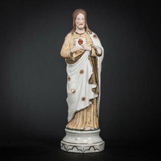 Sacred Heart Of Jesus Statue | Christ Figure | Antique Porcelain Figurine | 12 "