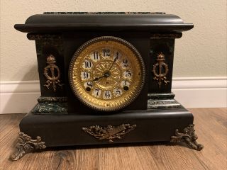 Antique 1906 Seth Thomas Adamantine Mantle Clock With Key & Pendulum Lion Head