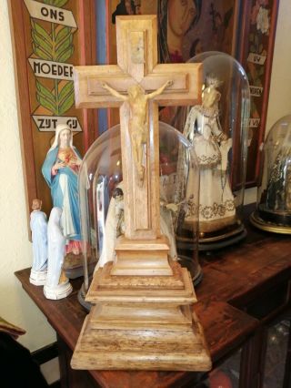 Big Antique Church Altar Standing Wood Cross Crucifix Celluloid Jesus Corpus
