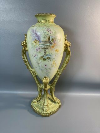 Royal Bonn Art Nouveau Hp White Pink Roses Two Hndl 14” Tall Pedestal Urn Vase
