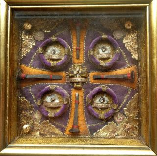 Rare Antique Reliquary Relics 4 Evangelists,  Crucifixion Nails & Wood Holy Cross