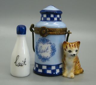 Vtg Limoges France Peint Main Lait Milk Bottle Cat Trinket Box French Porcelain