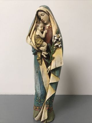 ☩ Hand Carved Wooden Modern Our Lady Mary Madonna Jesus Christ Statue ☩ 12.  5 In
