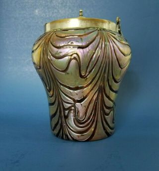 Art Glass Bohemian Kralik Pallme Konig Iridescent Biscuit Jar