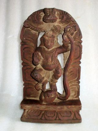 Antique Old Wooden Fine Hand Carved Hindu God Krishna With Snake Figure Statue