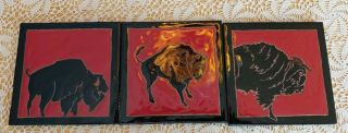 Set Of 3 Bison Buffalo Black On Red Background Art Tiles Elaine Cain 6x6