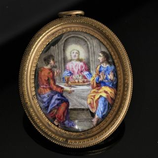 Reliquary " Last Supper Of Jesus Christ " Enamel Porcelain Painting Xviii Century