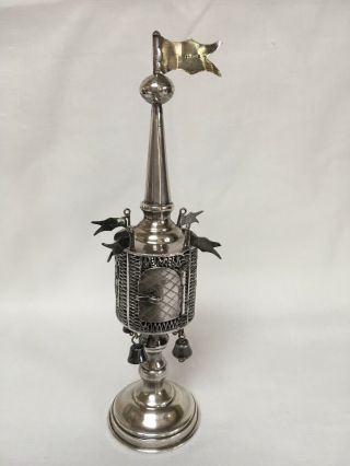 Antique Sterling Silver Judaica Besamim Spice Tower W Delicate Filagree & Bells