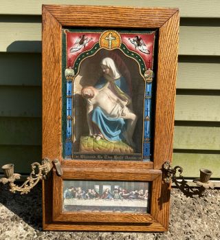 Old 1900 Antique Catholic Last Rites Wall Art Shadow Box Altar Cabinet