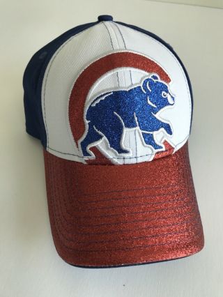 Womens Adjustable Chicago Cubs Red Glitter Shimmer White Cubbie Logo Cap Hat
