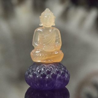 Buddha Sculpture Yellow Jade Calcite & Purple Amethyst Gemstone Carving 4.  75 G