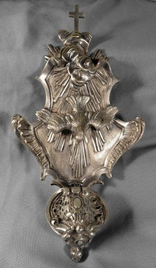 Antique Ornate Silver Bronze Holy Water Font With Holy Dove - Signed Poussielgue