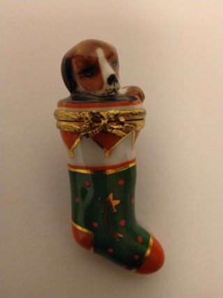 Artoria Limoges Trinket Box Puppy In A Christmas Stocking