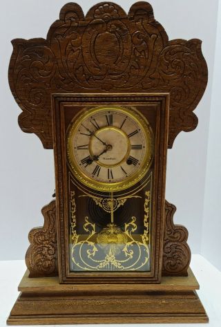 Antique Waterbury Clock Co.  Carved Oak Gingerbread Parlor Mantel Clock C.  1890