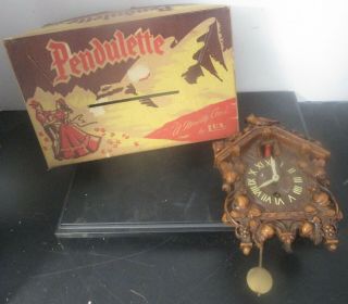 Antique Keebler Lux Pendulette Colorful Clock With Bobbing Red Bird And Box
