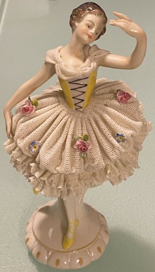 Antique Volkstedt German Porcelain Ballerina Dancer Figurine Dresden Lace 7”