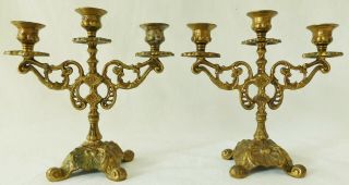 Pair Antique/vtg Ornate Gold Solid Brass 3 Arm Candelabras Candle Stick Holders