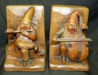 Vintage Anri Italy Carved Wood Gnome Dwarf Musician Bookends W/ Label