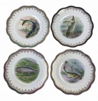 4 Vintage Limoges Occo Porcelain Fish Plates Multi Motif Set Edwardian U9