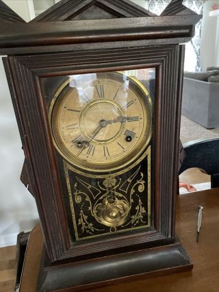 Antique The E.  Ingraham Company Wood Mantel Clock Bristol Conn W Key