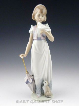 Lladro Society Figurine Summer Stroll Girl With Cat Dove Umbrella 7611