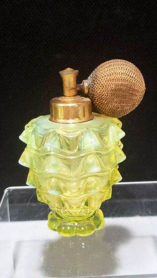 Antique Opalescent Vaseline Art Deco Glass Perfume Atomizer With Bulb