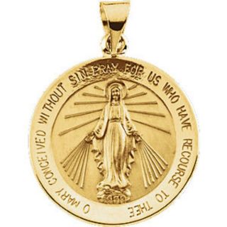 Miraculous Medal 14k Yellow Gold 14.  75mm Round Virgin Mary Large 2 Sided R5019