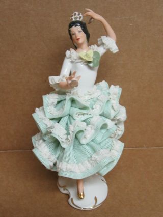 Vintage Dresden Lace Porcelain Figurine - Spanish Flamenco Dancer Green Dress