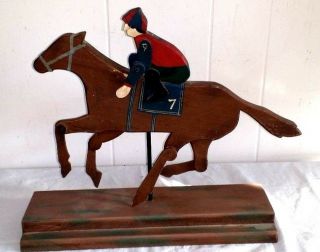 Folk Art Wood Hand Made Race Horse & Rider Jockey On Stand