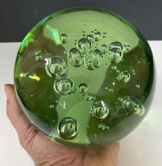 Vintage Art Glass Green Bubble Paperweight 6” Ball Sphere Orb Large