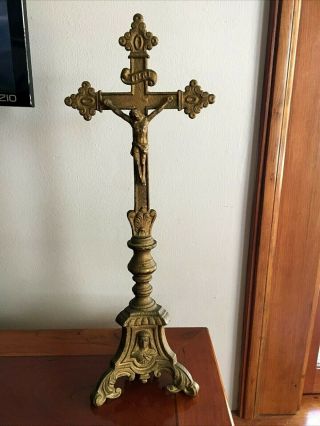 Antique/vtg Art Nouveau Cast Metal Crucifix Jmj On Three Point Base 15 " Tall