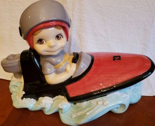 Xl Vtg Porcelain Big Eye Boy In Speed Race Boat Nursery Piano Baby Lucky 13