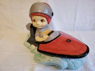 XL Vtg Porcelain Big Eye Boy in Speed Race Boat Nursery Piano Baby Lucky 13 3