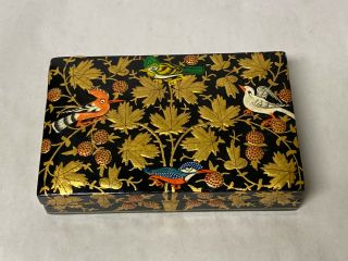 Vintage Black Lacquer Box Jar Gold Leaf/birds Kashmir Trinket Box