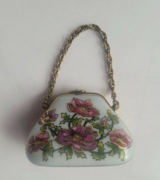 Limoges Purse Bag Chain Handle Trinket Pill Ring Box Peint Main France Floral