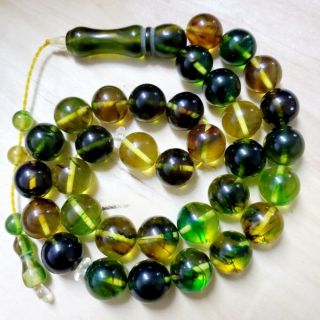 33 German Amber Green Bakelite Prayer Beads Komboloi Beads Faturan بكالايت عنبري