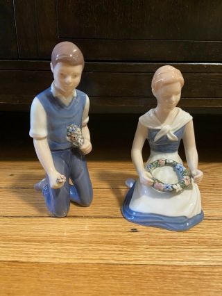 Bing & Grondahl B&g Figurine Set " Girl With Garland " & " Boy With Bouquet "