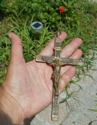Antique Pectoral Rosary Crucifix Cross Brass Wood Skull Crossbones 6 " Germany