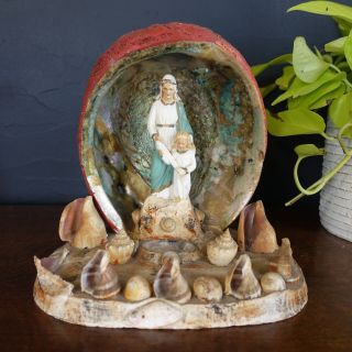 Vtg Antique Catholic Saint Altar Virgin Mary Seashell Grotto Abalone Shell Art