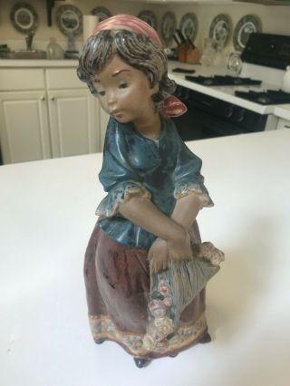 Large Rare Retired 12 1/4 " Lladro 3507 Girl Carrying Flowers Figurine Gres