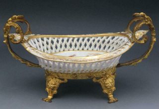 19c French Porcelain Reticulated Edge Cabinet Basket Gilt Bronze Mounted W/lions