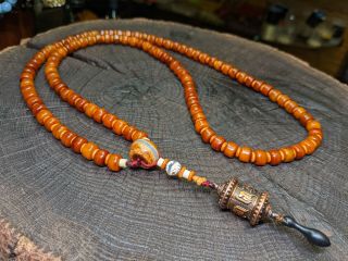 Vintage Old Orange Yak Bone Mala Rosary Necklace Prayer Wheel Spinner Tibetan