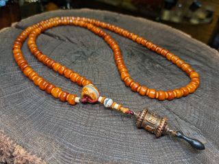 Vintage Old Orange Yak Bone Mala Rosary Necklace Prayer Wheel Spinner Tibetan 2