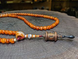 Vintage Old Orange Yak Bone Mala Rosary Necklace Prayer Wheel Spinner Tibetan 3