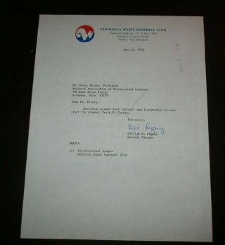 1973 Peninsula Whips Baseball Club Official Letter Montreal Expos Hampton Va