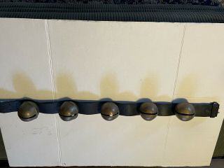 Vintage / Antique Sleigh Bells 5 Large Numbered Brass Bells On A Leather Strap